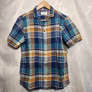 Old Navy Short Sleeve Men's S Camp Collar Button Up Shirt Plaid Linen Blend
